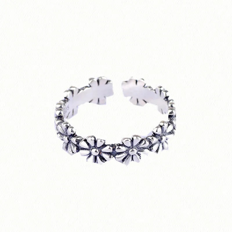 Luxury 100% 925 Sterling Silver Trendy Old Color Sunflower Shape Open Adjustable Silver Rings Jewelry Women