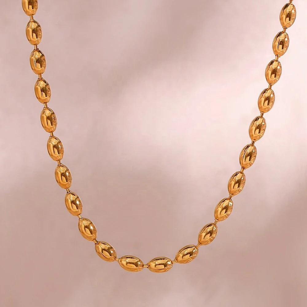 18k Stainless Steel Rice Grain Ball Chain Gold Plated Oval Beads Chain Necklace for Women