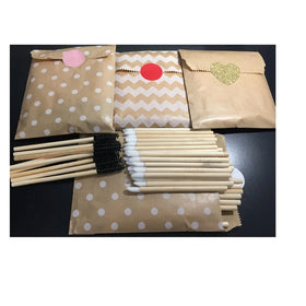 50 PK Eco-friendly Disposable Bamboo Lip Sponge Stick Wands Applicators for Eyelash Extension Paper Bag Gift Packing