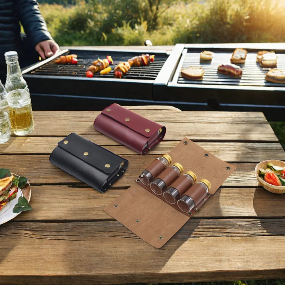 Outdoor BBQ Leather Condiment Bag Spice Seasoning Jars Bag Spice Kit Set Storage Organizer Holder Pouch for Camping
