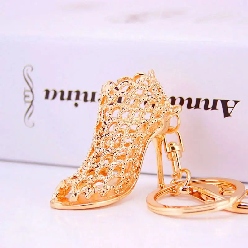 Wholesale Rhinestone Stiletto High Heel Shoe Crystal Enamel Gold Bling Keychain Metal 3d Shoe Keychain Charm Pendant Accessories