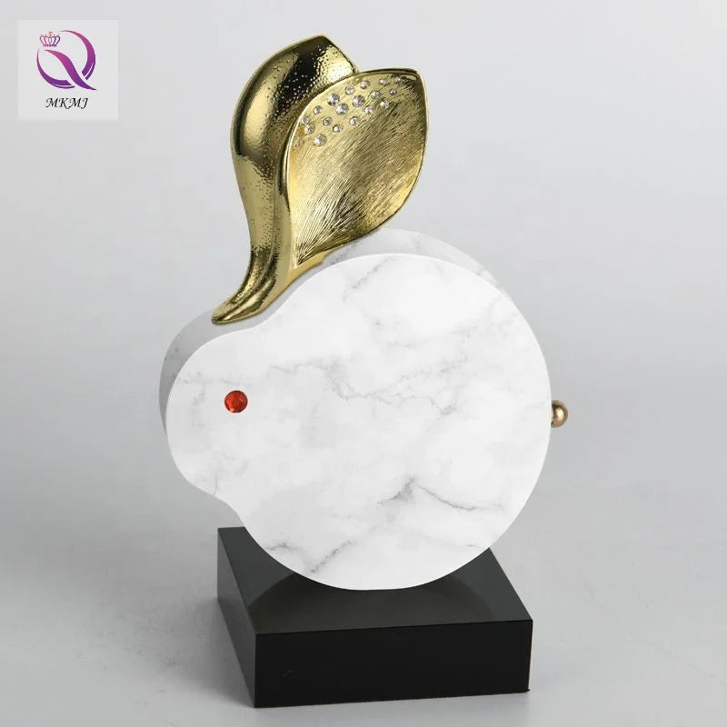Cute Cartoon Lucky Animal Modern Light Luxury Metal Home Accessories Natural Marble Rabbit Ornament for Desktop Decor