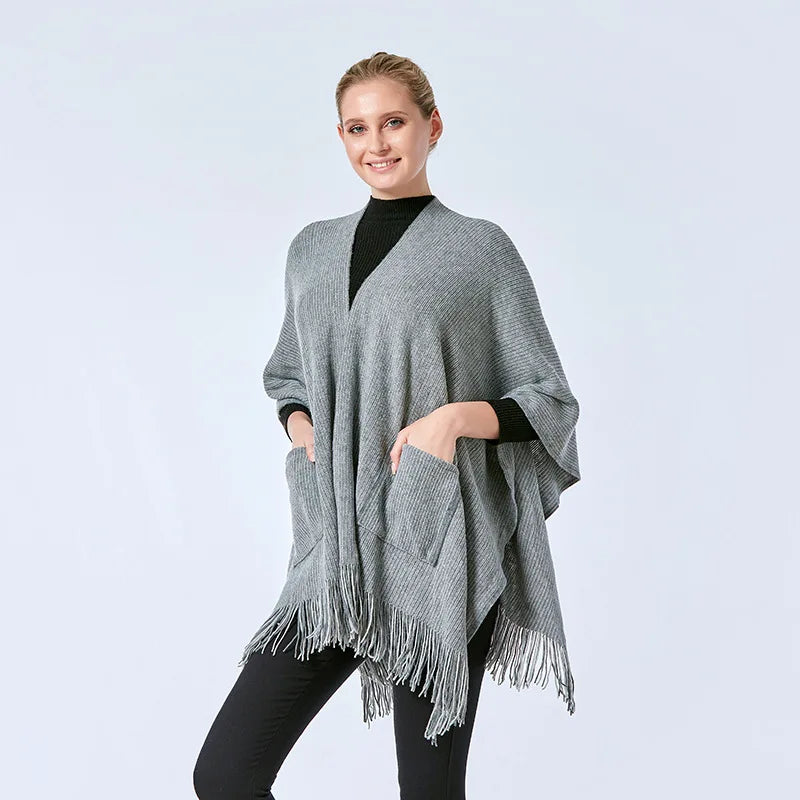 Fashion Autumn Winter Large Size Cardigan Cloak Luxury Soft Knitted Shawl Wrap With Pockets Fringe