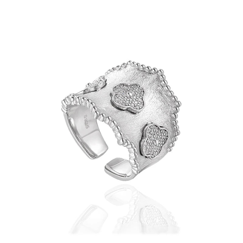 Fashion White Zircon Ring 925 Sterling Silver 925 Jewellery Clover Design Wide Adjustable Silver Ring for Woman
