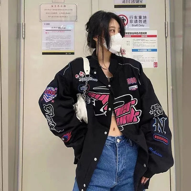 Fashion Women Embroidery Casual Zipper Long Sleeve Racing Jacket Coat Winter Clothes Vintage Colorblock Women Bomber Jacket