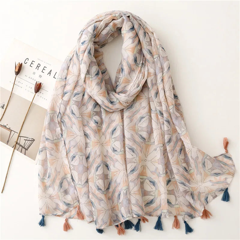 Bohemian-inspired Print Pattern Cotton Feeling Scarves With Tassels Malaysia Indonesia Summer Outer Shawls for Women Voile Scarf