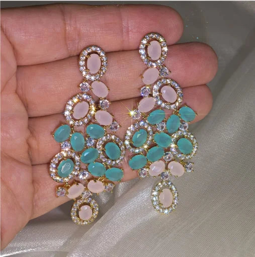 Ilona 14K Gold Plated Copper Statement Chandelier Earrings Turquoise Pink Opal Zircon Drop Dangle Earrings for Women wedding