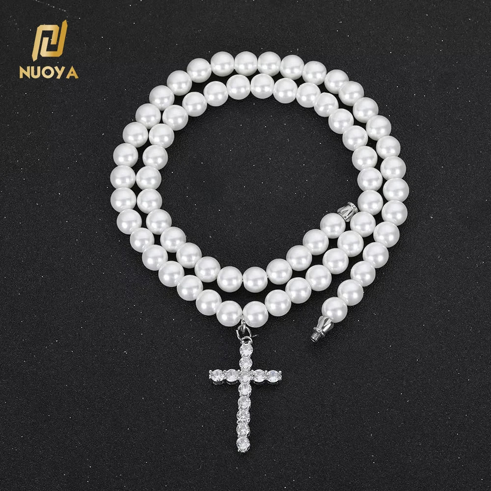 Fashion Pearl Necklace Jewelry Women Iced Out Cross Pendant Glass Pearl Chain Necklace