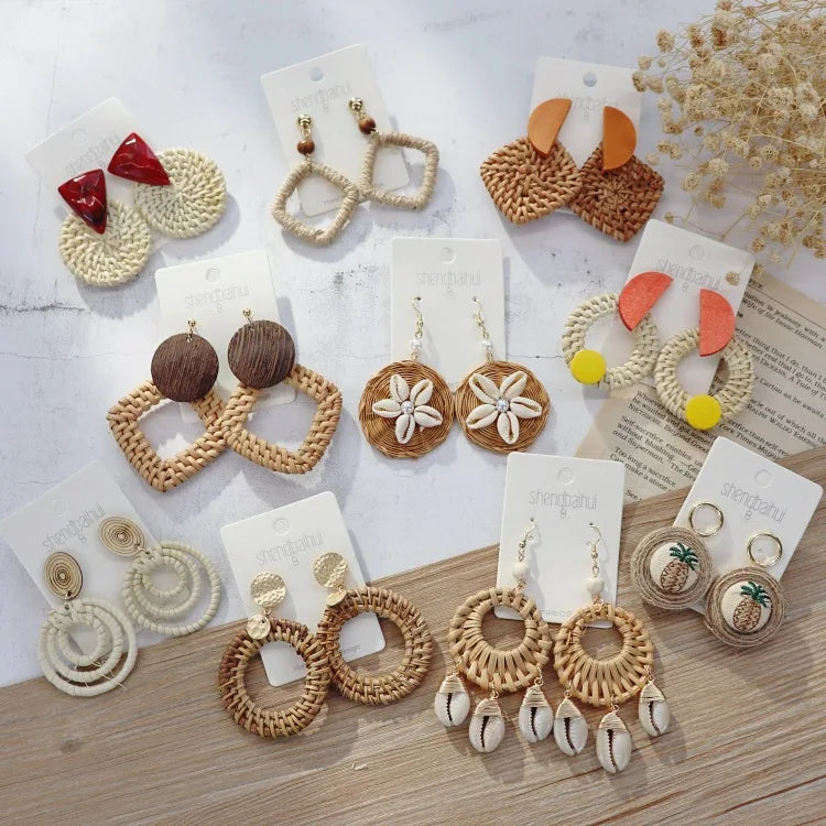 Vintage Big Wicker Rattan Earrings Handmade Straw Hoops Lightweight Bohemia Weave Shell Dangle Earrings Women's