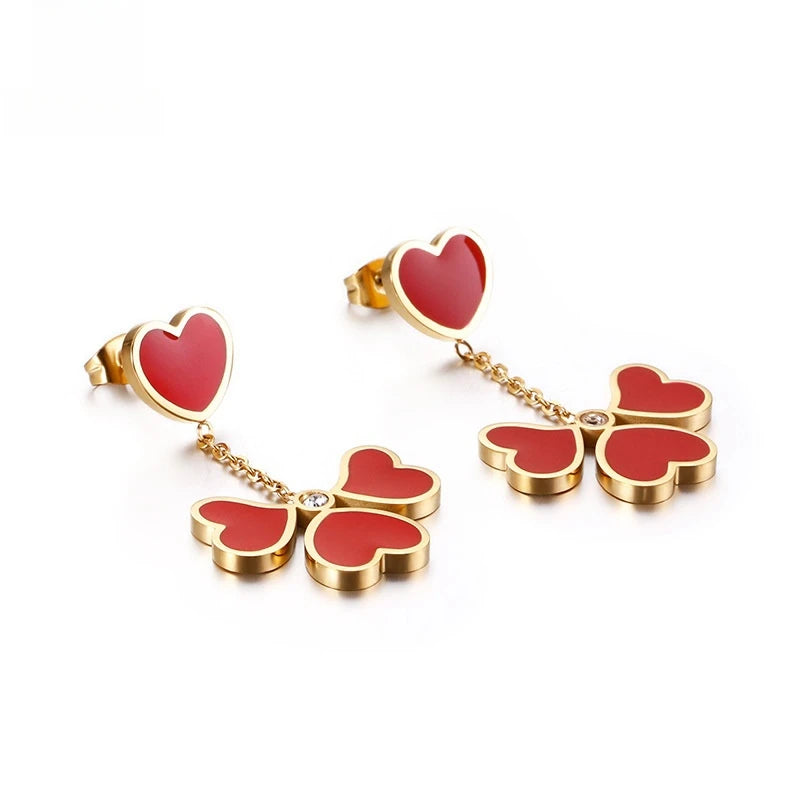 Trendy Heart Shaped Red Rose Gold & 18K Gold Plated Stainless Steel Women's Pendant Earrings