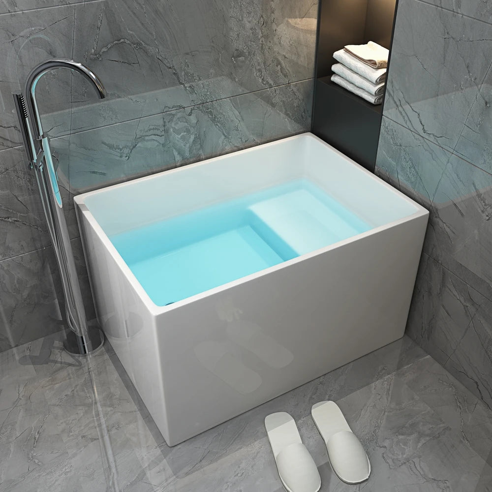 Small Freestanding Rectangle Acrylic Bathtub Soaking Tub with Drainer Modern Design for Hotel Use