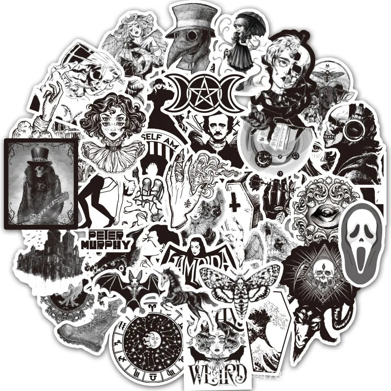 50Pcs Black and White Punk Style Gothic Graffiti Decorative Stickers for Bottle Laptop Vinyl Skull Sticker