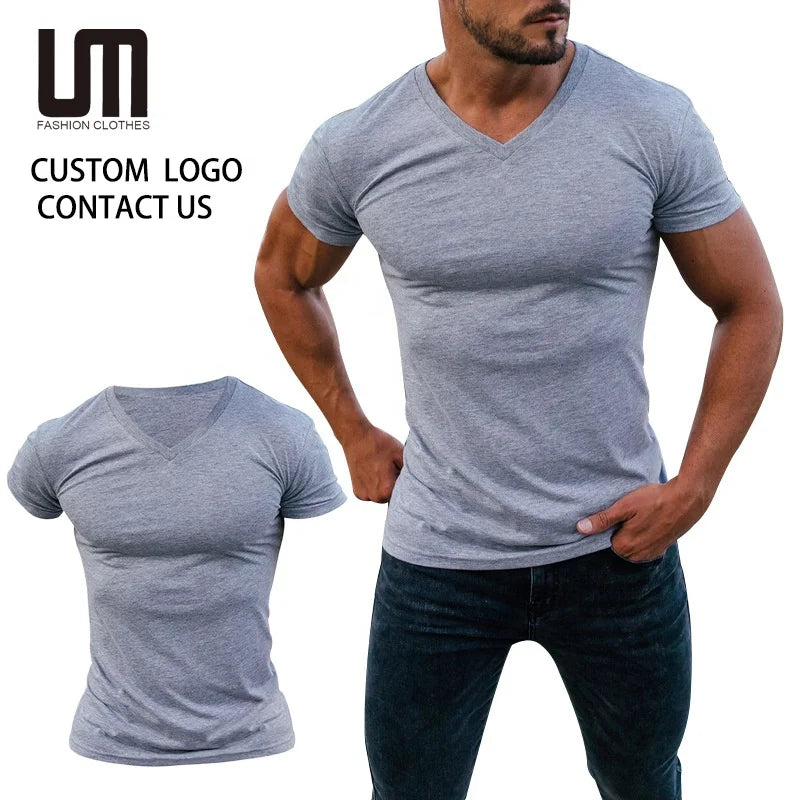 Custom Logo Summer Men's T-Shirts - Slim Fit V Neck Short Sleeve Casual Top Tees Breathable Streetwear Basic Tops