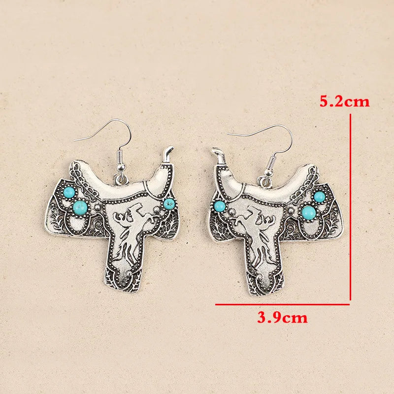 Newest Western Boho Style 3.9*5.2cm Saddle Inlaid Synthetic Turquoise Vintage Alloy Earrings for Women Gift