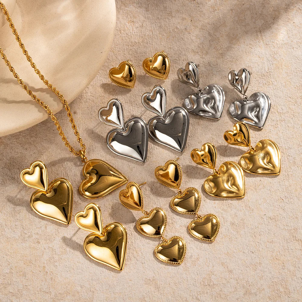 Wholesale New Trendy Double Heart Earring 18K Stainless Steel Gold Silver Plated Smooth Love Drop Earring Pendant Sets