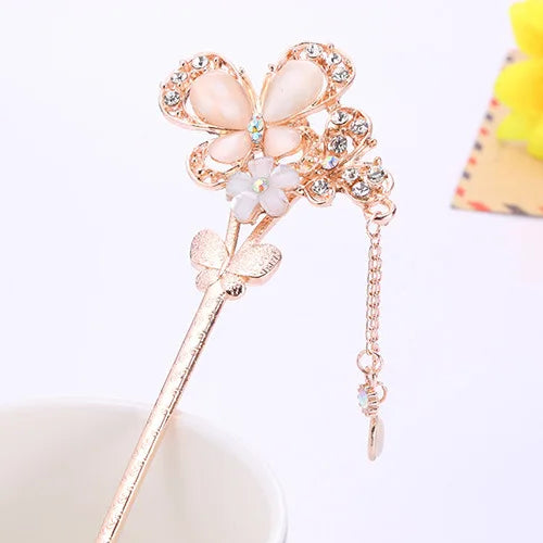 AA00178 Fashion Metal Traditional Stick Tassel Flower Rhinestone Butterfly Hair Chopsticks Hairpin Ancient Hairpin