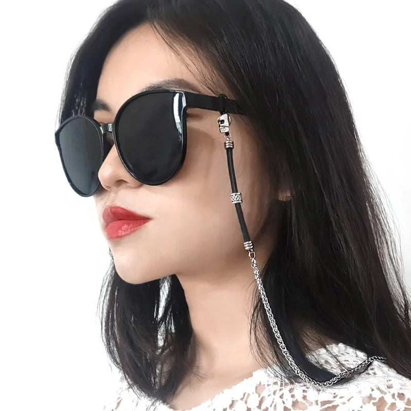 Handmade 316 Stainless Steel Silicone Leather Punk Skull Sunglasses Chain Necklace 78cm 3mm Thick Black Decorative Eyeglasses