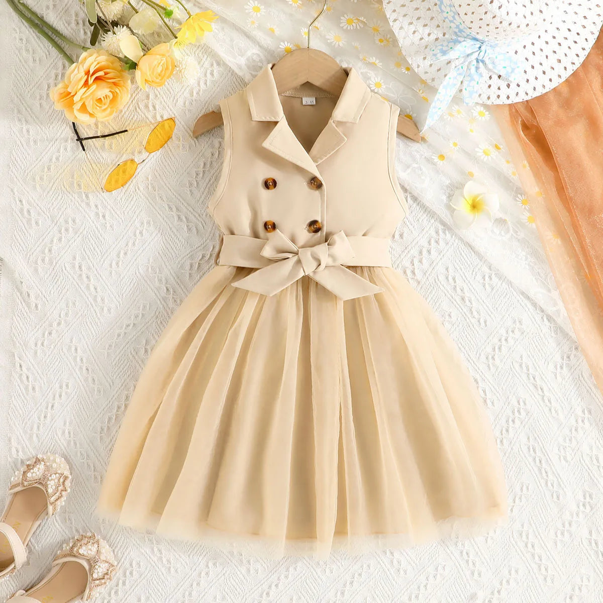 2025 Summer 1-5 Years Old Dress Girls New Casual Children's Clothes Solid Color Sleeveless Shirt Spliced Mesh Dress