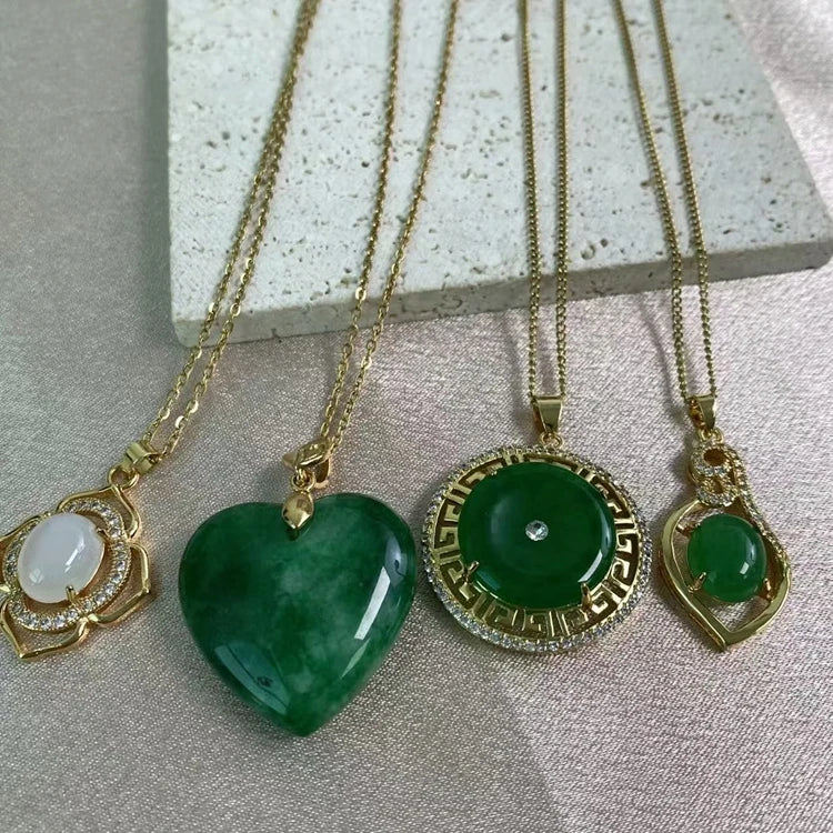 18k Gold Plated Stainless Steel Link Chain Necklace Green Jade Heart Round Buckle Necklace