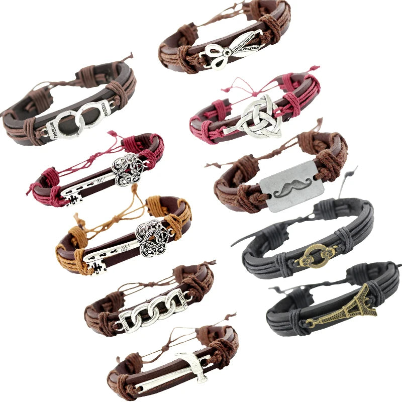 Father's Day Gift Mustache Scissors Barber Hammer Handcuff Key Eiffel Tower Skull Maskss Irish Celtic Genuine Leather Bracelet