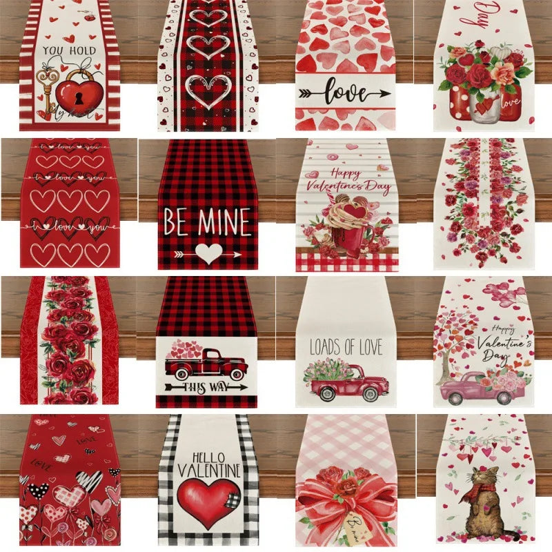 Linen Table Runner with Heart Rose Love Words for Home and Restaurant Table Decoration for Valentine's Day Party Supplies