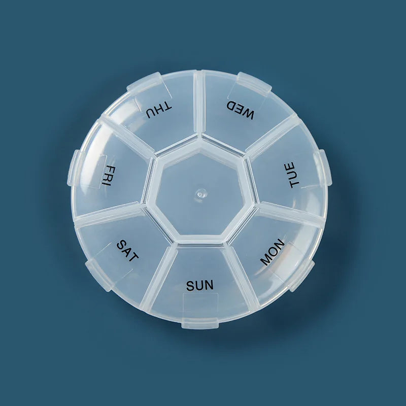 7 Compartments Round Mini Plastic Pill Box Travel Portable Pill Storage Case 7 Days Weekly Medicine Pill Organizer