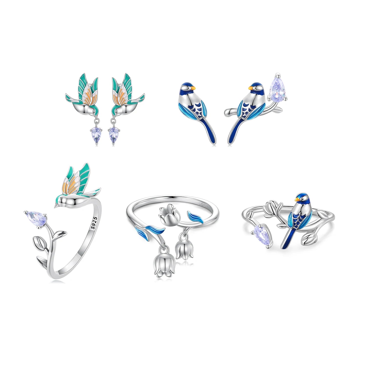 Wholesale Fashion Designer Sterling 925 Silver Jewelry for Women Enamel Cute Bird Stud Earings Open Ring Set