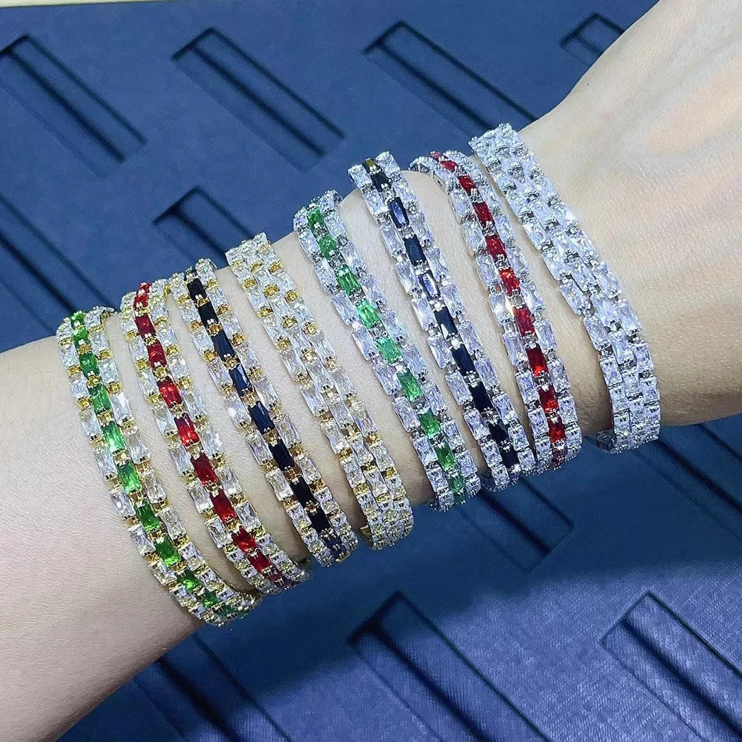 BC1493 Rainbow Cubic Zirconia Tennis Bracelet Colorful Triple 3 Row Strand CZ Zircon Baguette Tennis Bracelets for Ladies