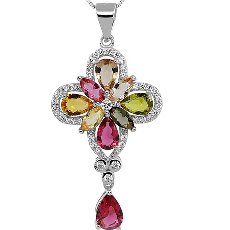 Wholesale Women's 925 Silver Pendant Necklace Coloful CZ Colored Precious Stone Zircon Color Stone Jewelry