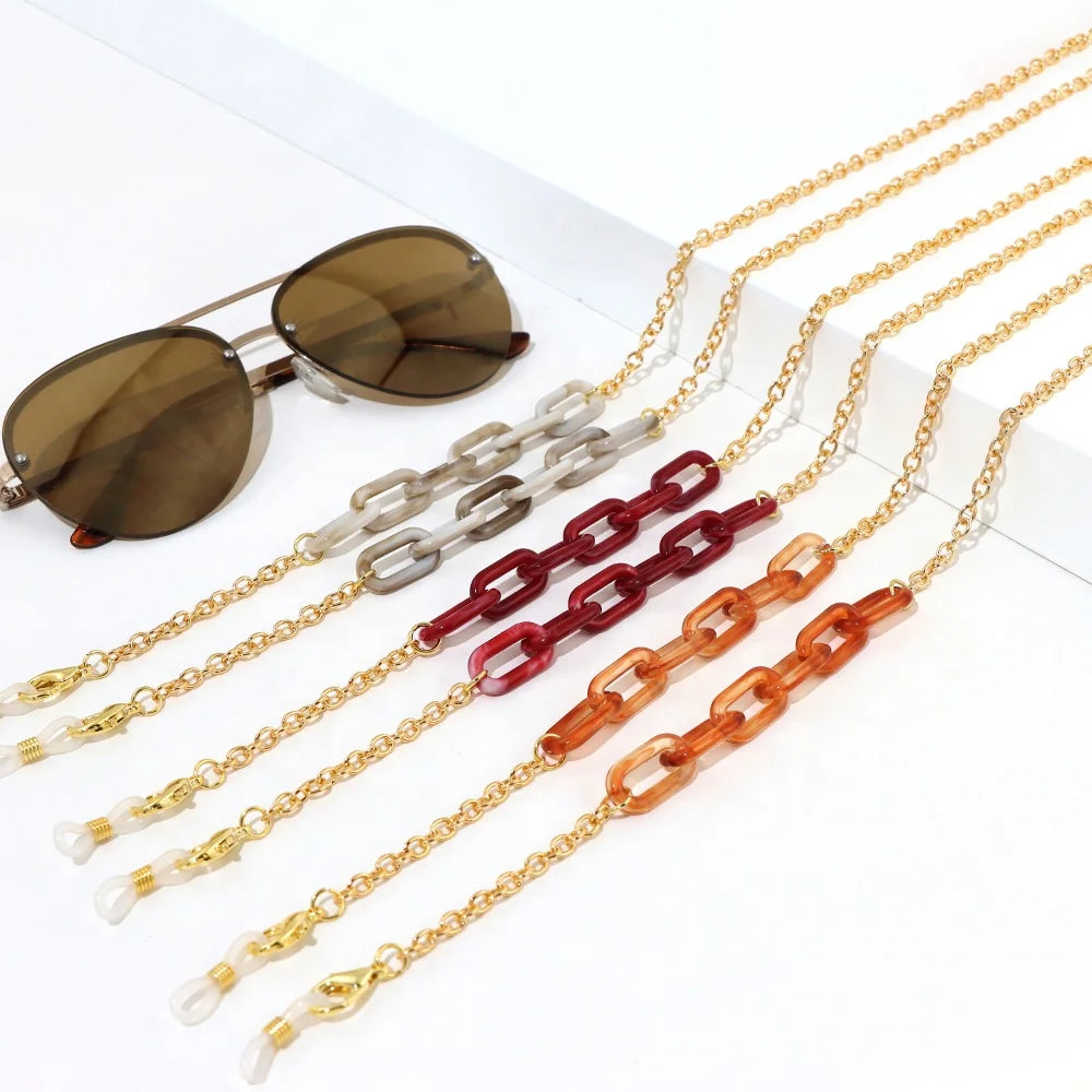 Elegant Gold Link Sunglasses Eyeglass Cord Acrylic Masking Lanyard with Chain Strap Holder Decorative Eyewear Accessories