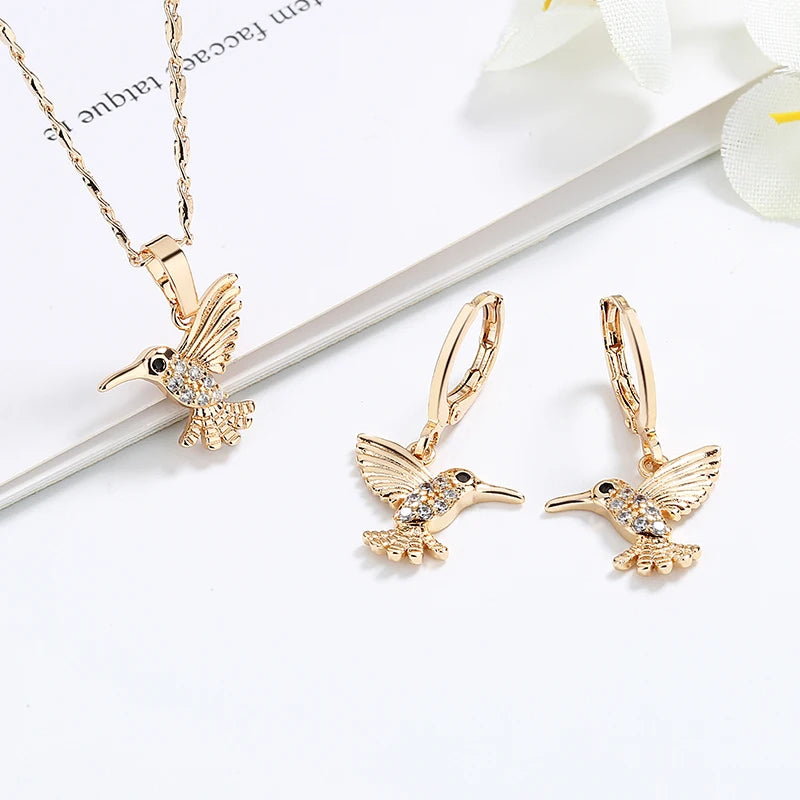 Bird Cubic Zirconia Wedding 18K Gold Plated Necklaces and Earrings for Women Fashion Jewelry Sets