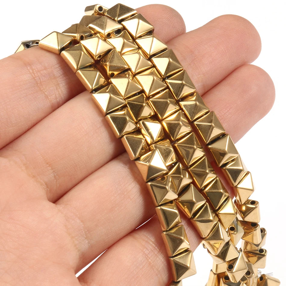 High Quality 6*6*4MM Real Gold Plated Two Holes Pyramid Shape Natural Semi Gemstone Hematite Stone Beads 38cm Strand for Jewelry