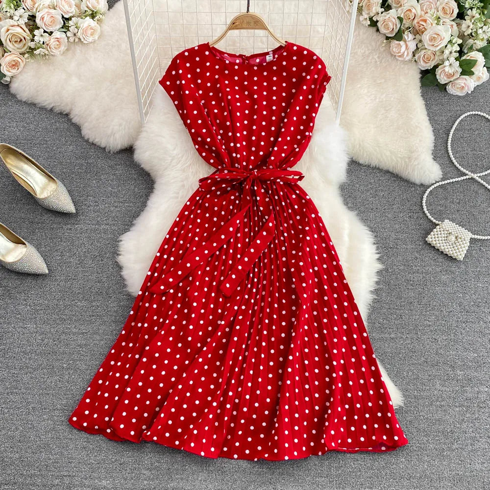 Summer O-Neck Sleeveless DOT Casual Dress Women High Waist Bow Midi A-Line Dress Women's Fashion Dresses Clothes Women