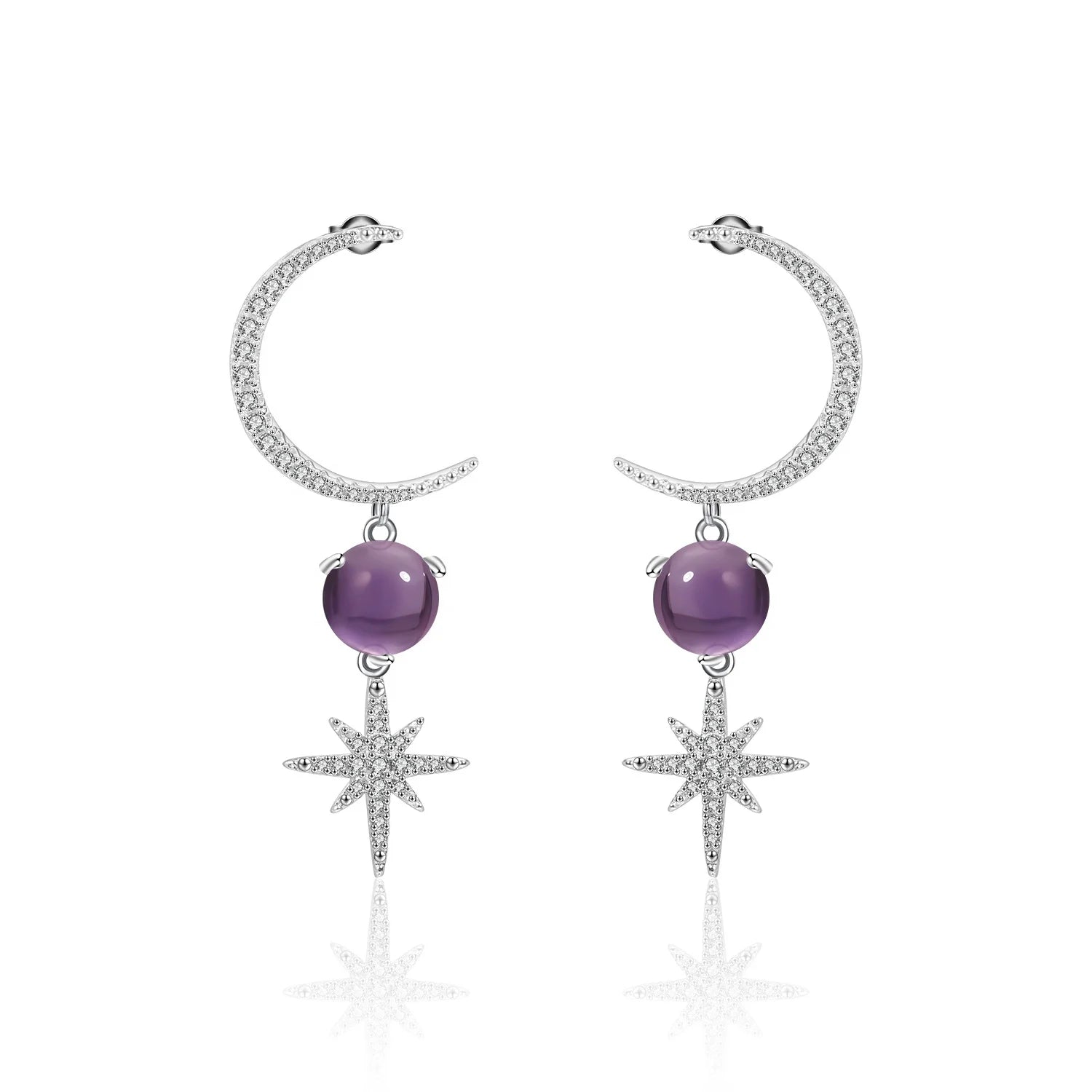 Abiding Hot Sale Creative Lady Jewelry Earrings Micro Pave CZ Star-moon Natural Amethyst Luxury 925 Sterling Silver Earrings