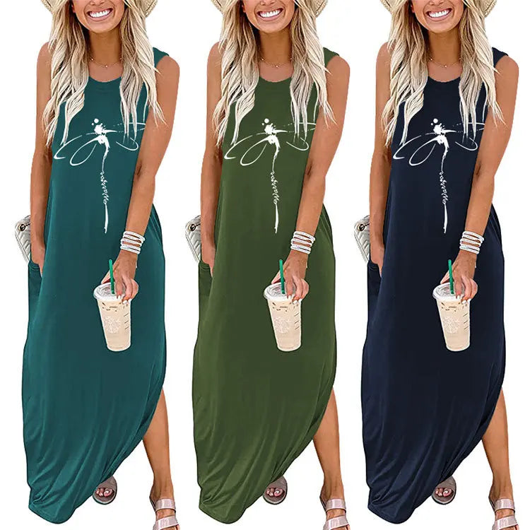 2023 Custom Logo Women's Lady Elegant Western Dress O-Neck Side-slit with Pocket Printed Design Plain Dyed Technique