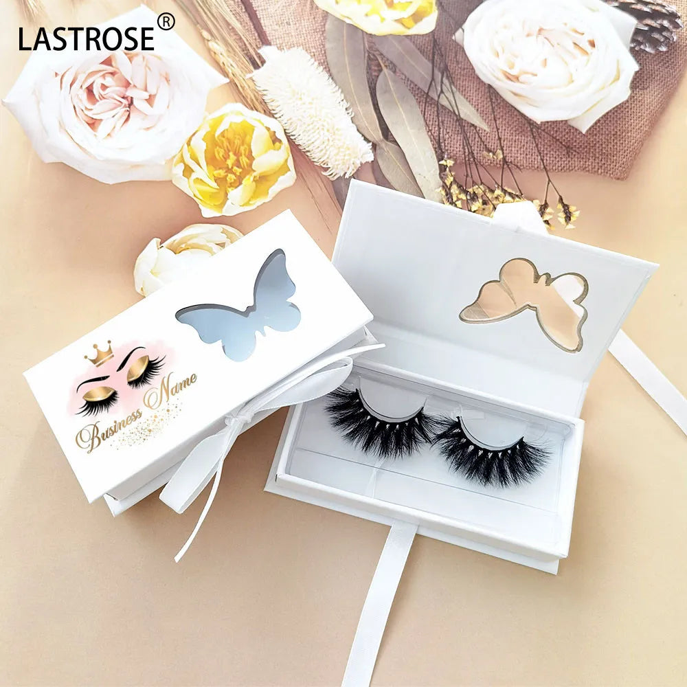 Make Your Own logo pink White butterfly Eyelash Packaging Box Private Label Lashbox Package with butterfly Window for Full Strip