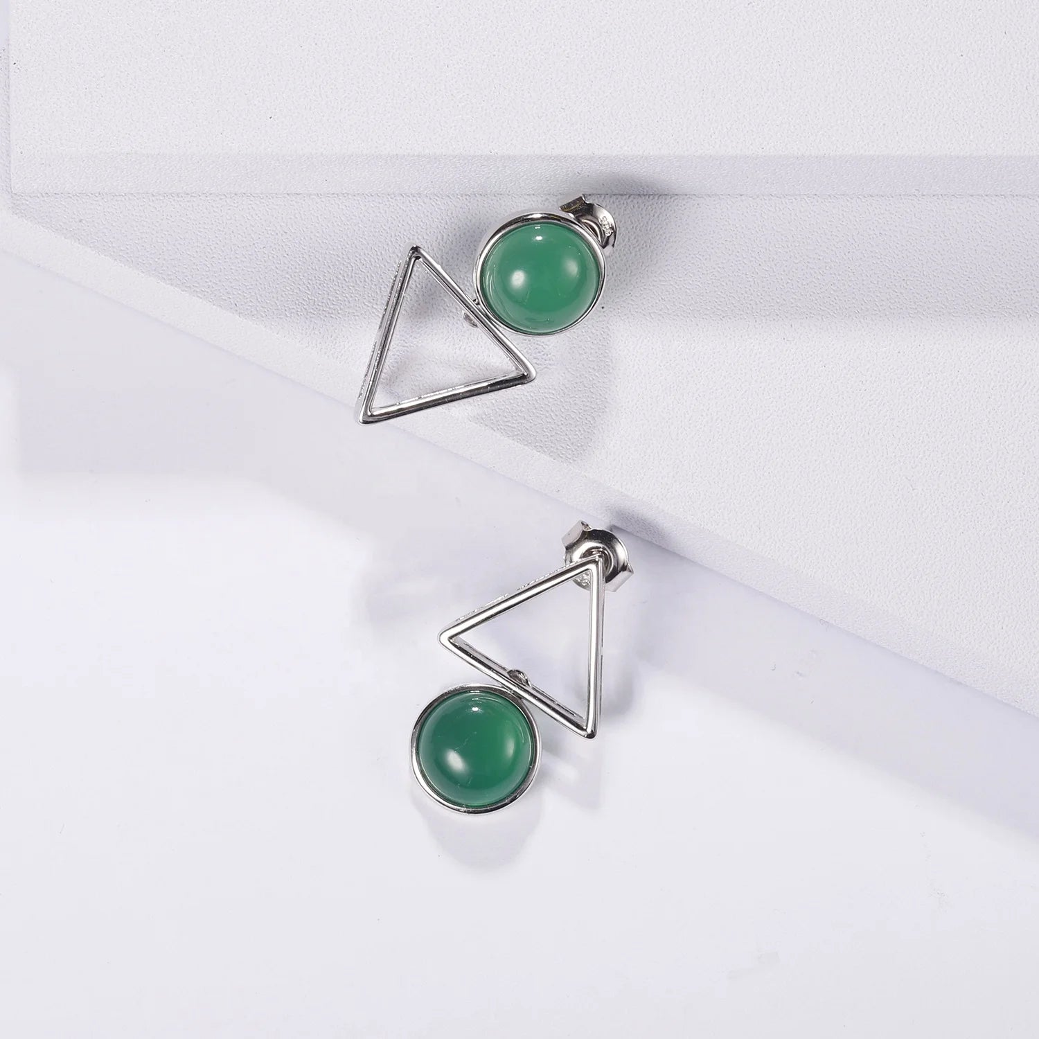 Abiding Geometric Hollow Triangle Dangle Hoop Drop Earrings Hollow Natural Green Agate Gemstone 925 Silver Stud Earrings