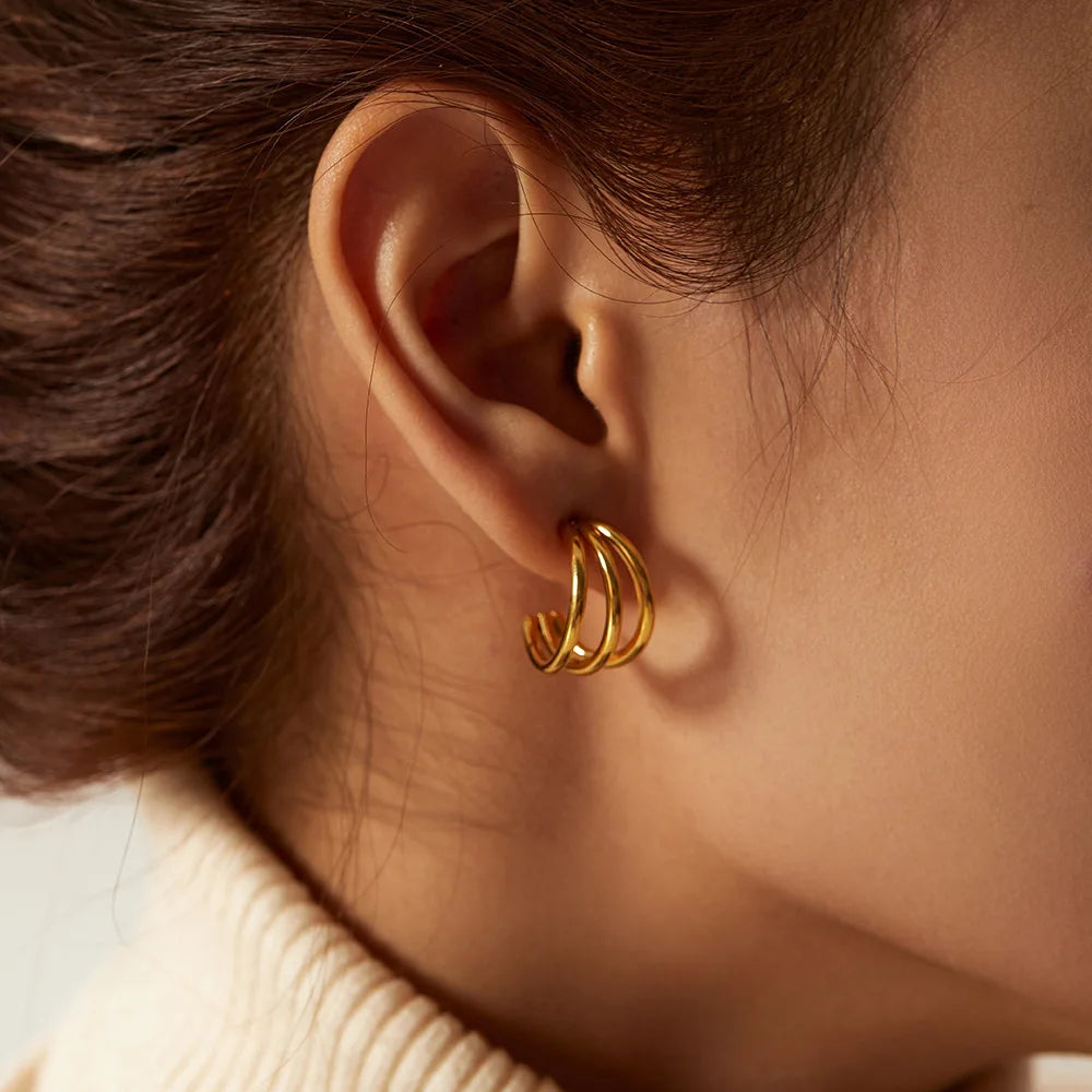 New Style Cheap 18K Gold Plated Silver Plated Stainless Steel Smooth Three Layer Wire Earrings