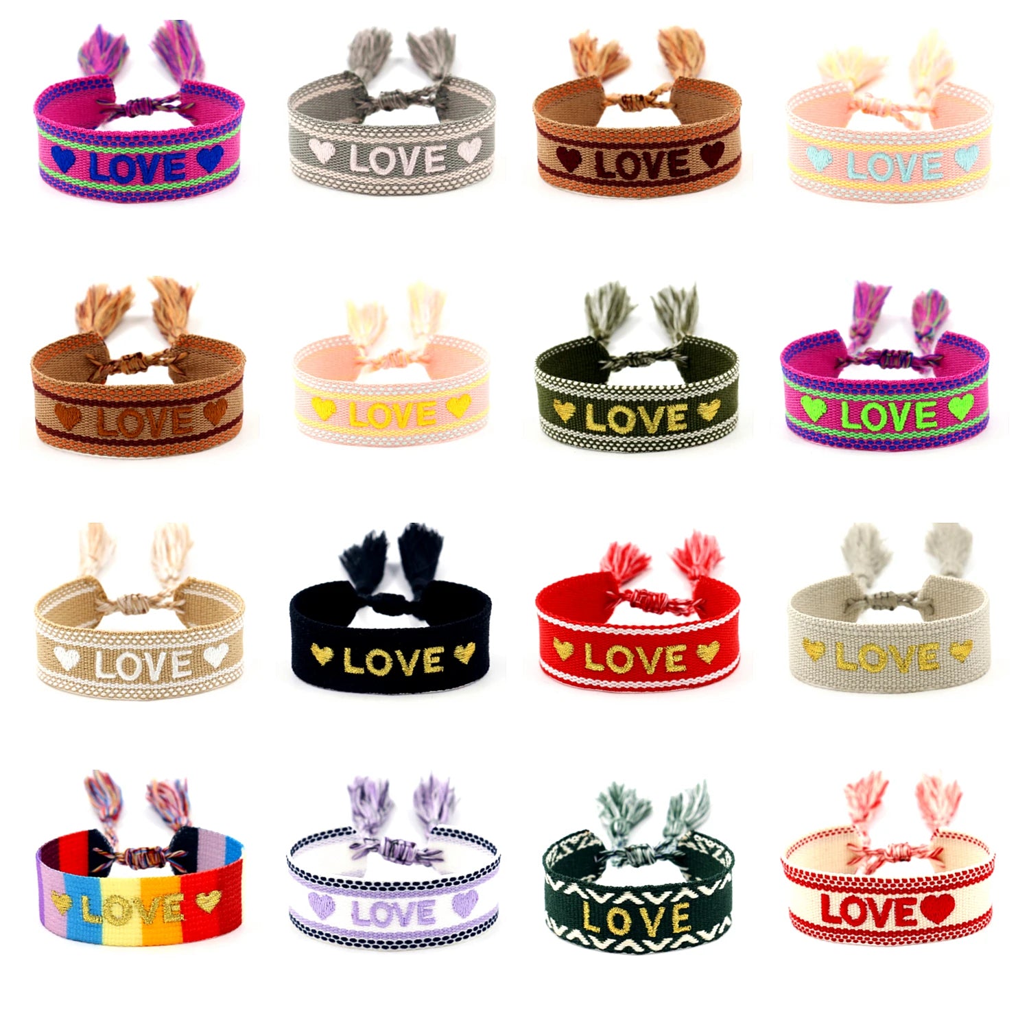 Ethnic Style Wedding Jewelry Customizable Name Webbing Embroidered Heart-shaped LOVE Tassel Wrap Bracelets