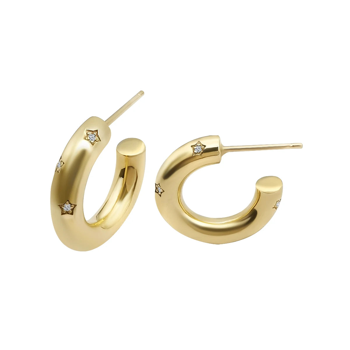 Trendy 14k Au585 Real Gold Chunky Hoop Earring 14k Solid Gold Star Earrings with Diamond Jewelry Women