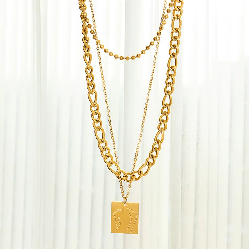 Stainless Steel 18k Gold Pvd Plated Retro Square Brand Multi Layered Necklace With Women's Premium Feel Sweater Chain