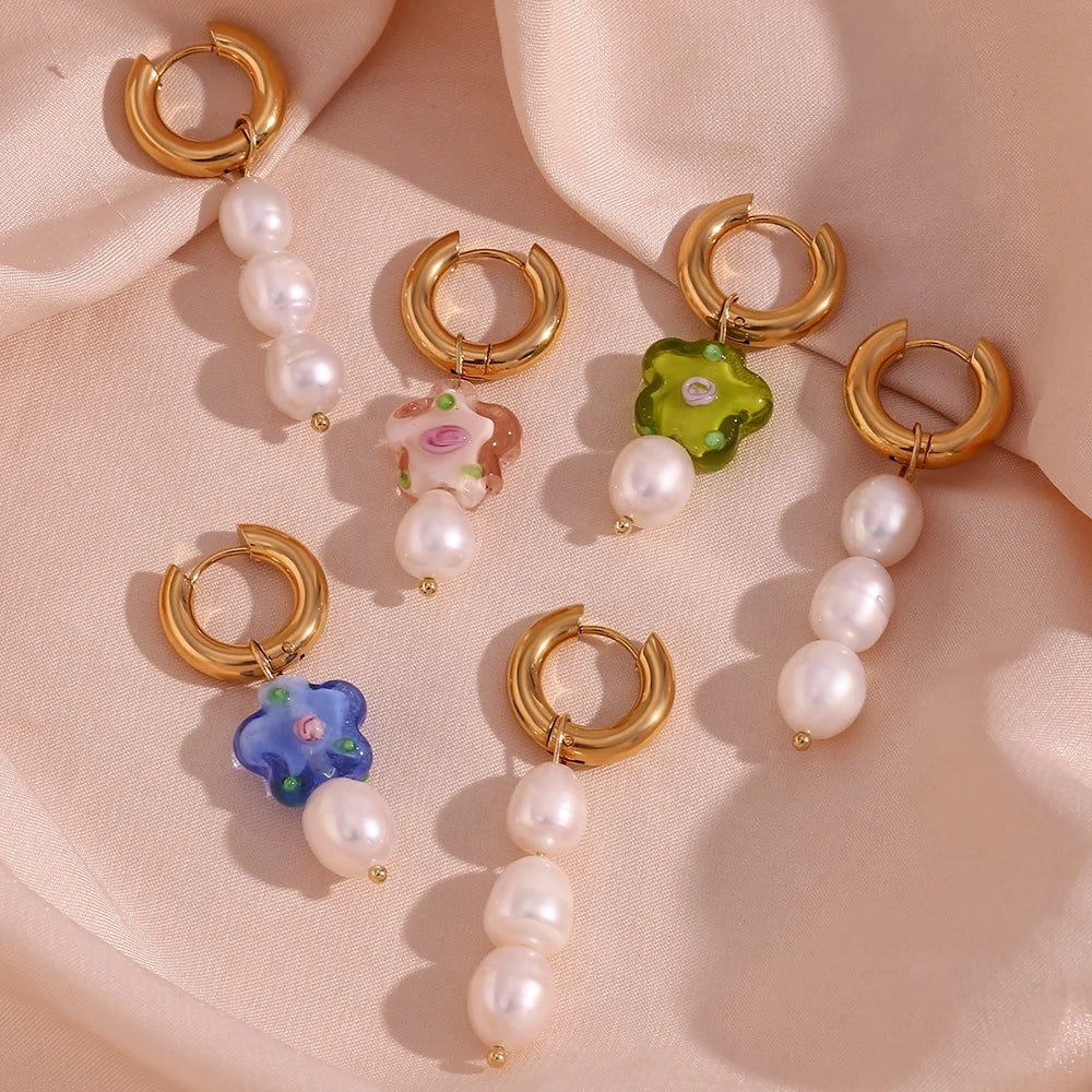 Dreamshow Y2K Jewelry Acrylic Flower Earring Fresh Water Pearl Drop Earring 18k Gold Plated Stainless Steel Jewelry