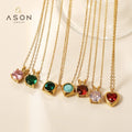 Ason Fashion Jewelry 18K Gold Plated Stainless Steel Charm Necklace Color Cubic Zircon Round Heart Crystal Pendant Necklace