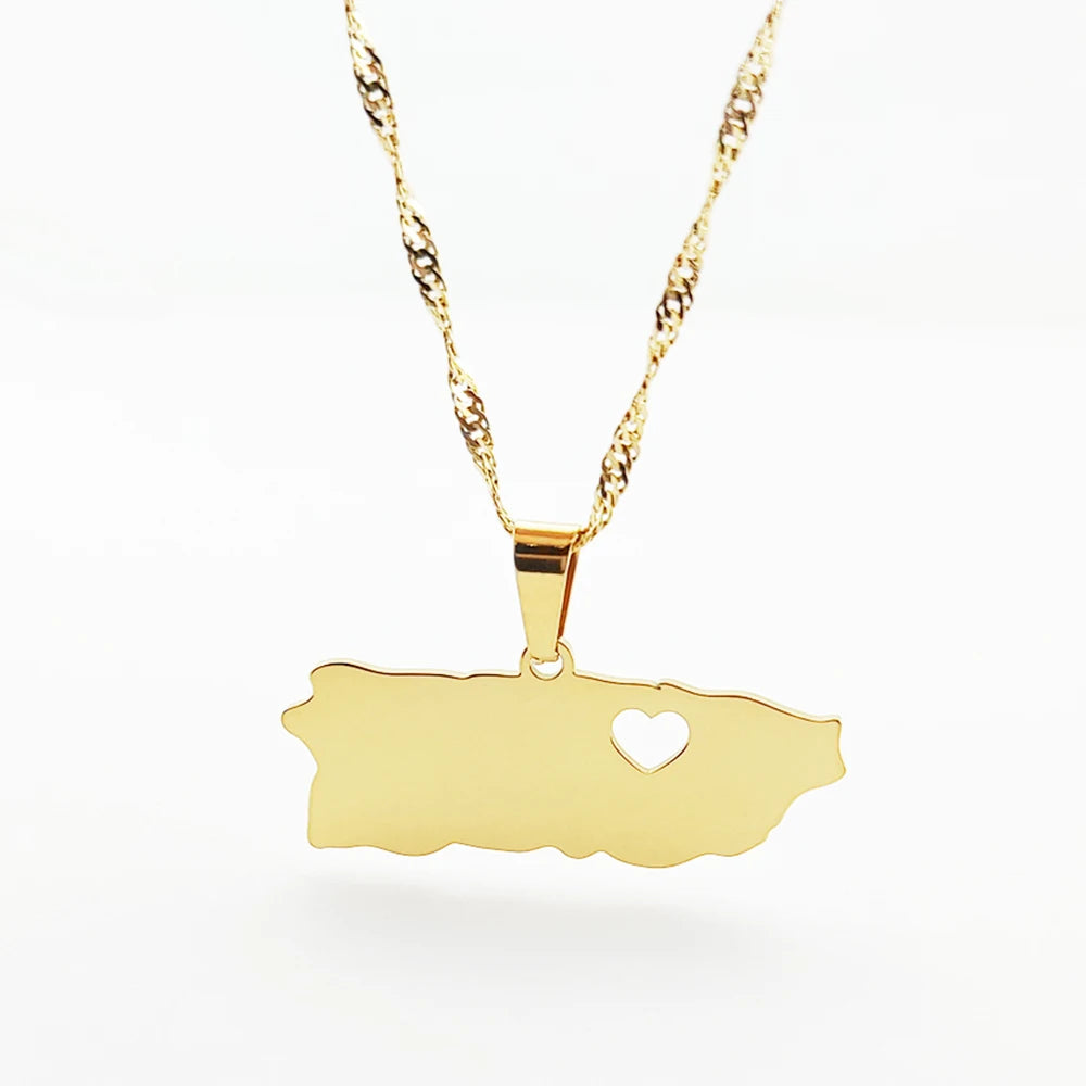 Stainless Steel Gold Color Puerto Ricans Map Pendant Necklace Fashion Puerto Ricans Map Heart Jewelry