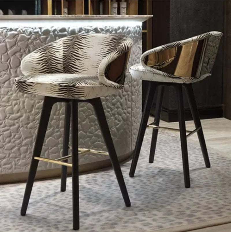 Contemporary Velvet Bar Stools with Gilded Backrest Solid Wood Base for Hotel Villa Home Dining Office Cafe Living Room
