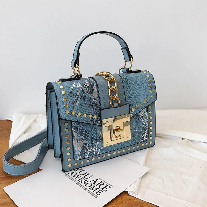 Guangzhou Custom logo Designer Hand Bag Ladies Shoulder Lock  Rivet Pu Serpentine Leather square Fashion Women Purse Handbag