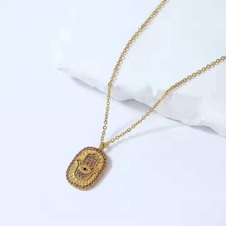 Simple Stainless Steel 18K Gold PVD Plated Necklace Diamond Square Hand Necklace Pink Zircon Hamsa Necklace