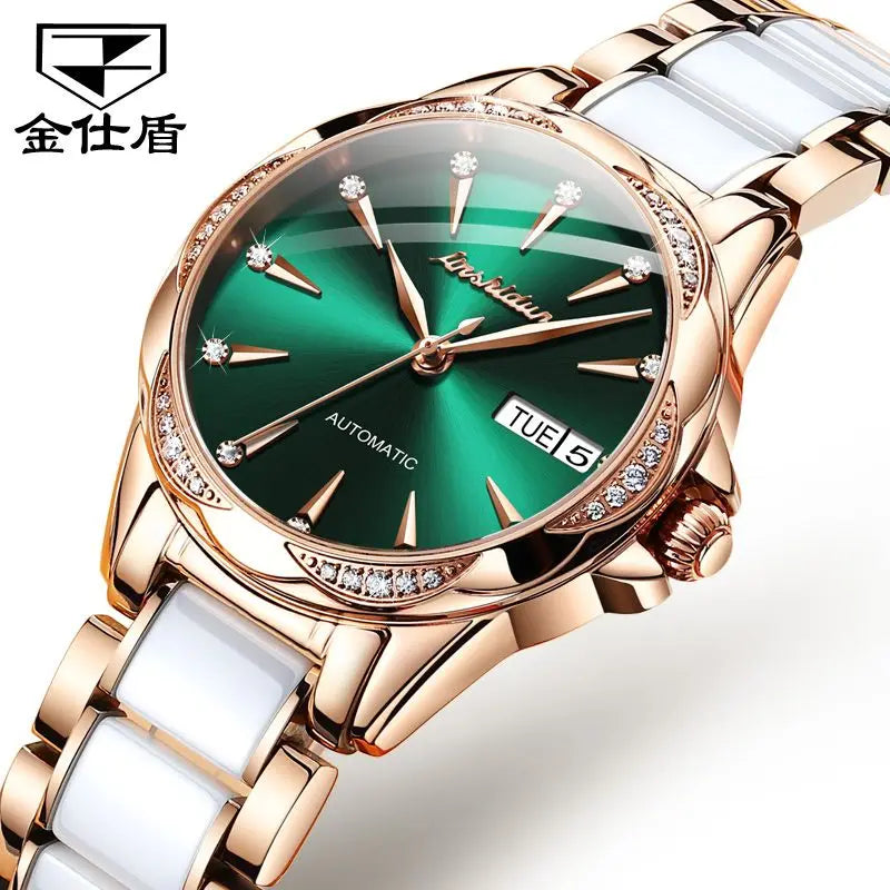 JSDUN Women 8821 Rose Gold Fashion Luxurious Brand Women's Automatic Watch Stainless Steel Ceramics Strap Dress Mechanical Clock