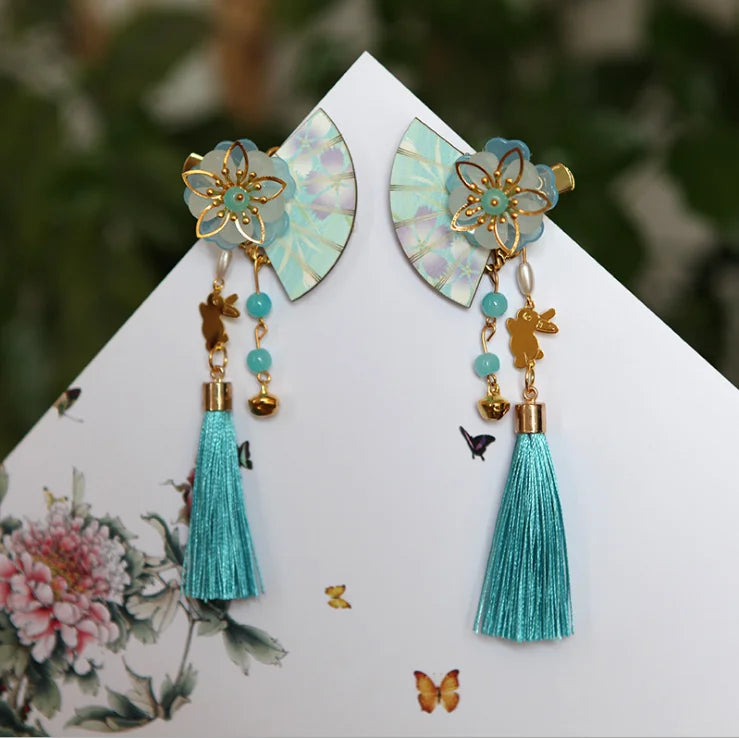 Women Barrette Long Tassel Chain Fan and Flowers Hairpin Hair Accessories