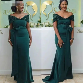 Off Shoulder Bow Sequin Cheap Wedding Guest Maid of Honor Party Dress Robe Dark Green Mermaid Bridesmaid Dresses MB627